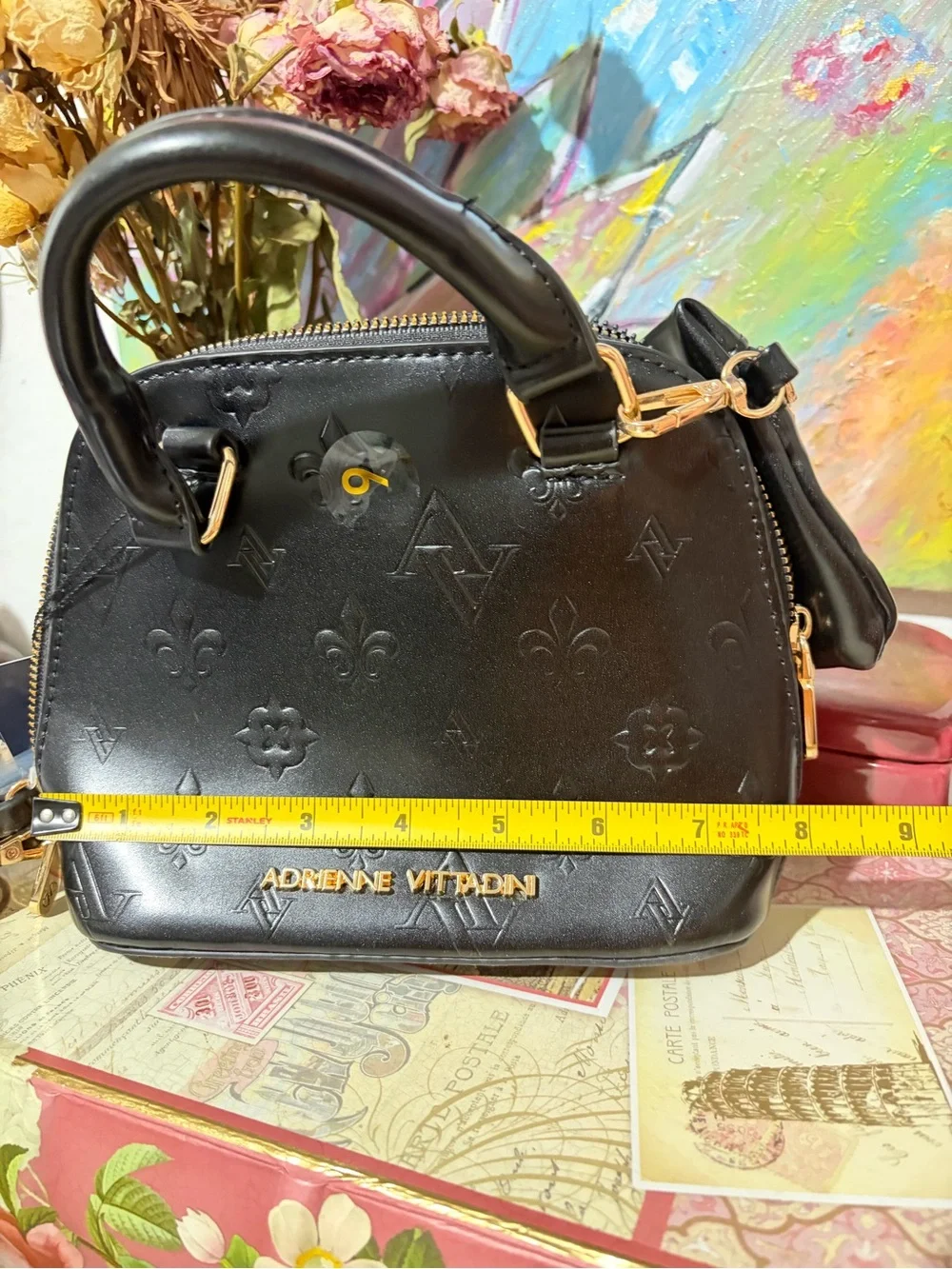 Adrienne Vittadini Black Embossed Faux Leather Dome Satchel